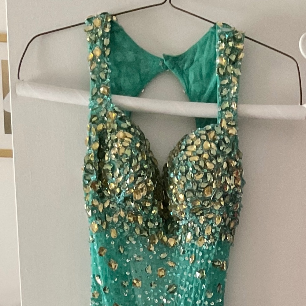 Jazz Couture aqua with gold stones beautiful prom/wedding/ event gown. Size 8